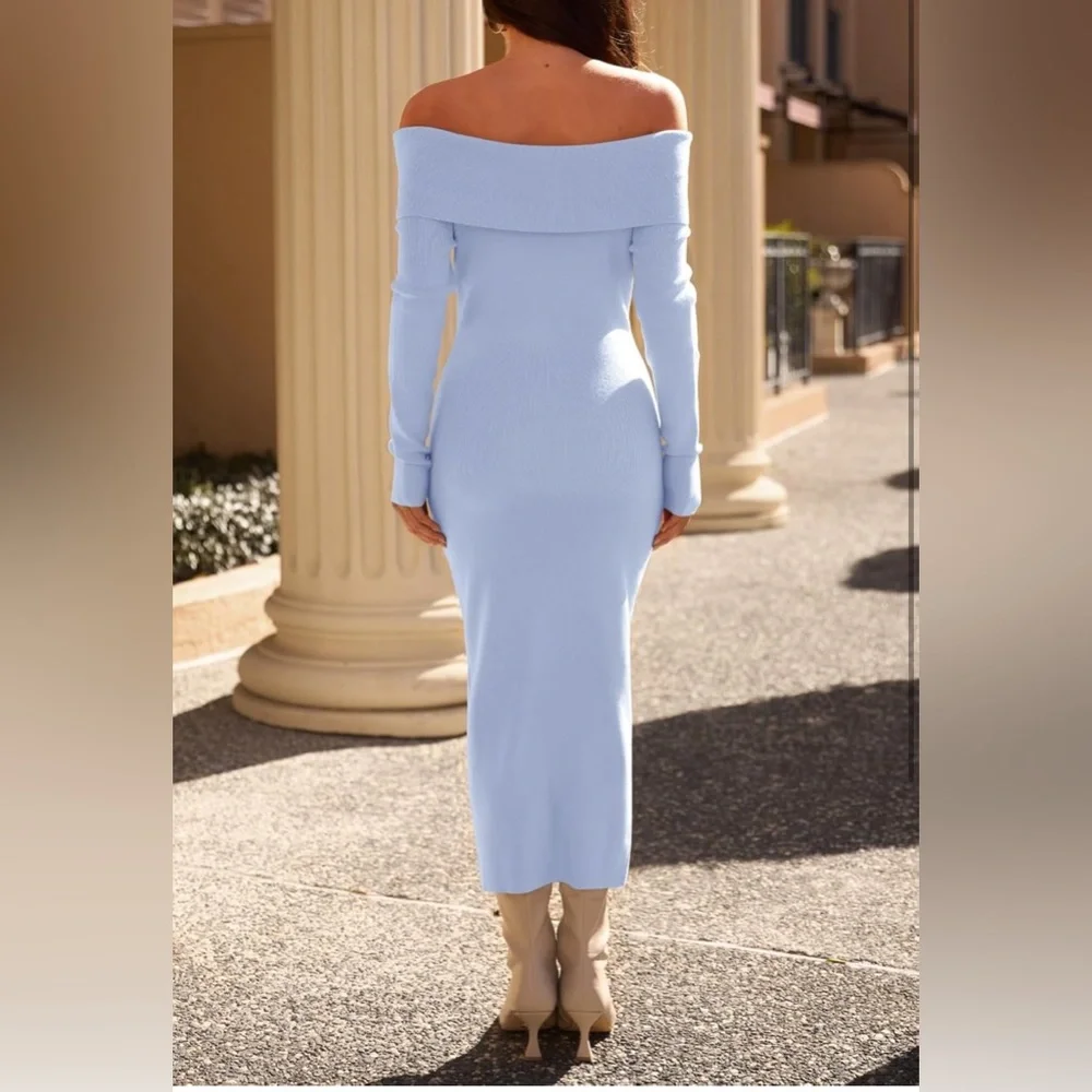 MEROKEETY Shoulder Bodycon Sweater Dress Formal Long Sleeve Elegant Midi Dresses - Picture 2 of 5